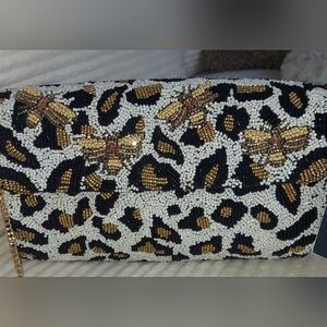 Handcrafted Beaded Leopard & Bee Clutch - Black, White & Gold